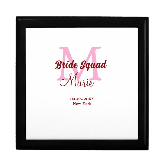 Bride squad add name monogram bridesmaid pink date gift box (Front)