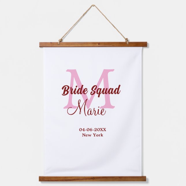 Bride squad add name monogram bridesmaid pink date hanging tapestry (Front)