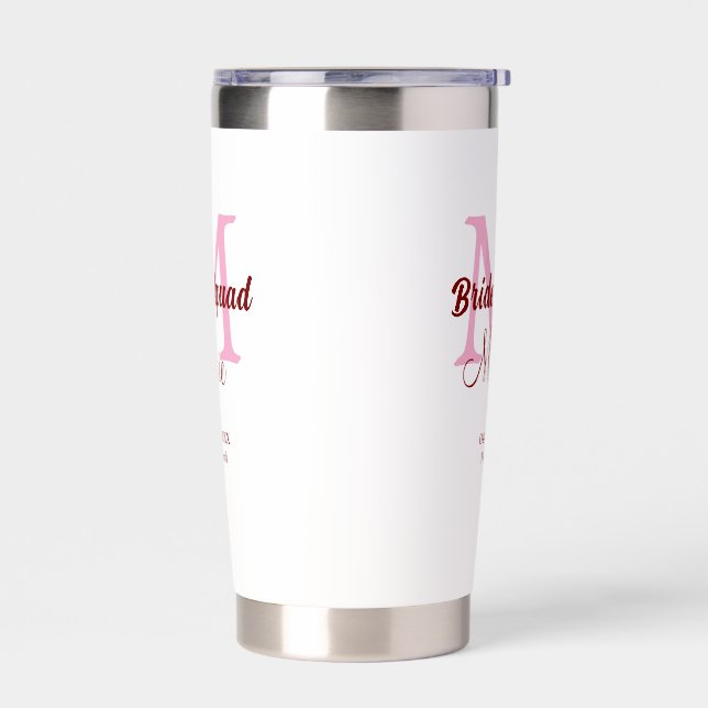 Bride squad add name monogram bridesmaid pink date insulated tumbler (Left)
