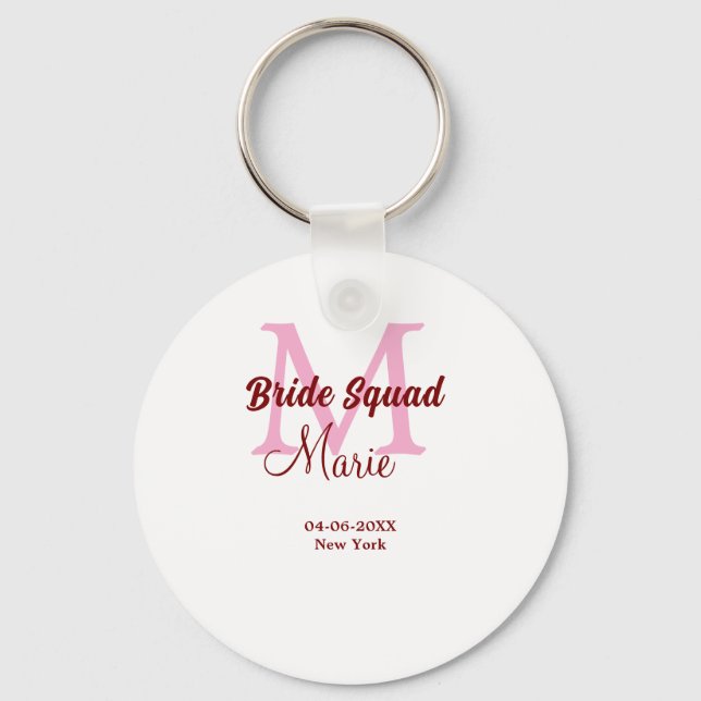 Bride squad add name monogram bridesmaid pink date keychain (Front)