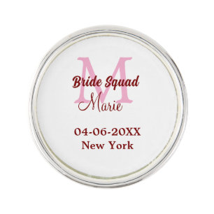 Bride squad add name monogram bridesmaid pink date lapel pin