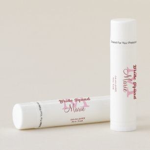Bride squad add name monogram bridesmaid pink date lip balm