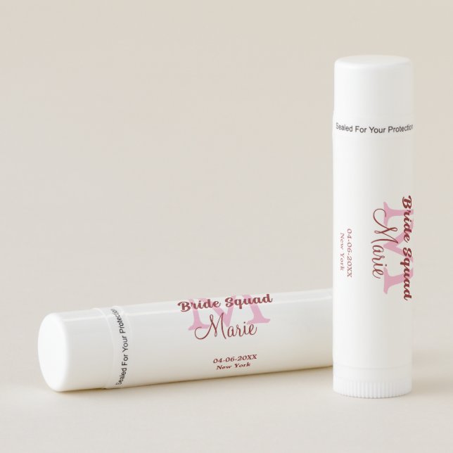 Bride squad add name monogram bridesmaid pink date lip balm (Front)