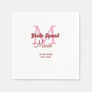 Bride squad add name monogram bridesmaid pink date napkins