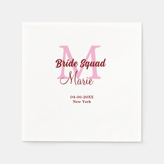 Bride squad add name monogram bridesmaid pink date napkins (Front)