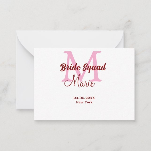Bride squad add name monogram bridesmaid pink date note card (Front)