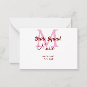 Bride squad add name monogram bridesmaid pink date note card