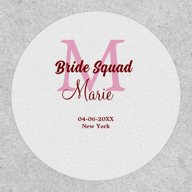 Bride squad add name monogram bridesmaid pink date patch (Front)
