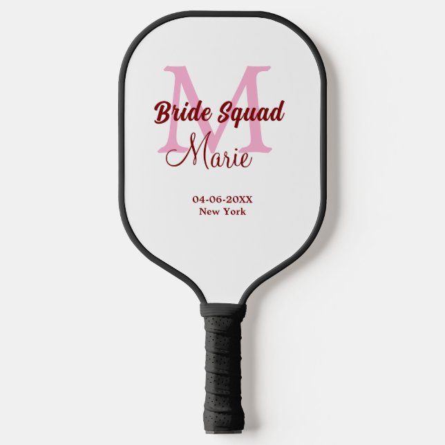 Bride squad add name monogram bridesmaid pink date pickleball paddle (Front)