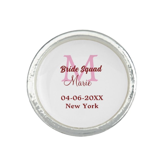Bride squad add name monogram bridesmaid pink date ring (Front)
