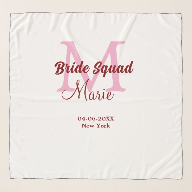 Bride squad add name monogram bridesmaid pink date scarf (Front)