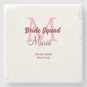 Bride squad add name monogram bridesmaid pink date stone coaster