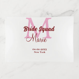 Bride squad add name monogram bridesmaid pink date trinket tray