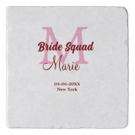 Bride squad add name monogram bridesmaid pink date trivet