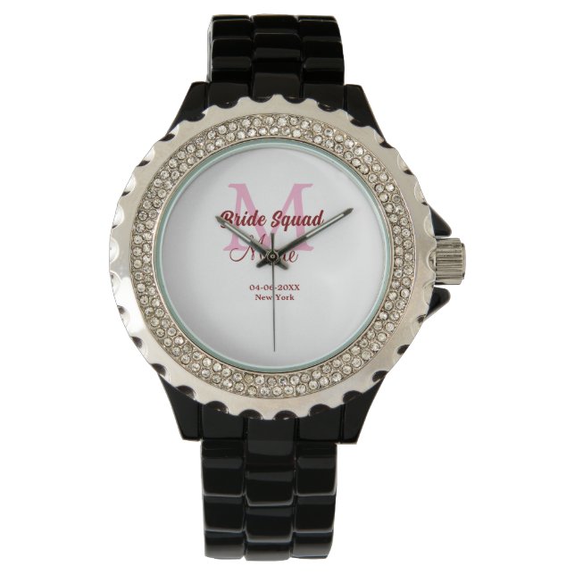 Bride squad add name monogram bridesmaid pink date watch (Front)