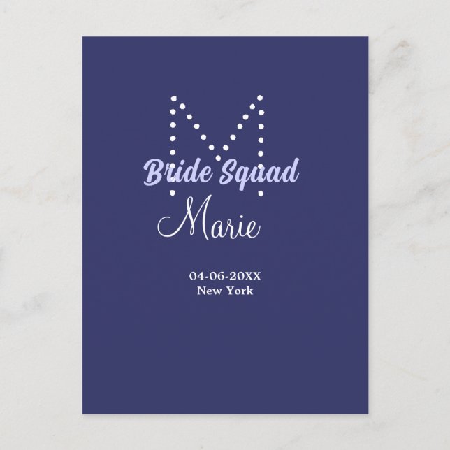 Bride squad add name monogram bridesmaid purple wh postcard (Front)