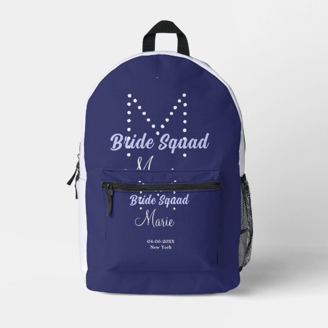Bride squad add name monogram bridesmaid purple wh printed backpack (Front)