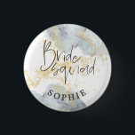 Bride Squad Blue Ombre Watercolor Gold Splash Name Button<br><div class="desc">Just the job for the bachelorette party Bride Squad buttons with cool modern typography overlaid onto bold blue ombré Watercolors with gold splashes. Personalise with your name.</div>