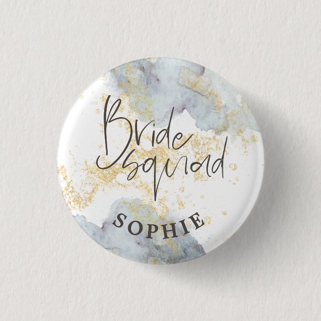 Bride Squad Blue Ombre Watercolor Gold Splash Name Button (Front)