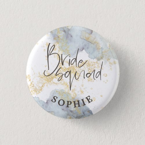 Bride Squad Blue Ombre Watercolor Gold Splash Name Button