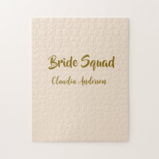 Bride squad bridesmaid name golden orange wedding  jigsaw puzzle (Vertical)