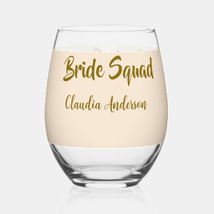 Bride squad bridesmaid name golden orange wedding stemless wine glass