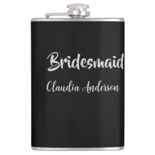 Bride squad bridesmaid name silver black wedding  flask