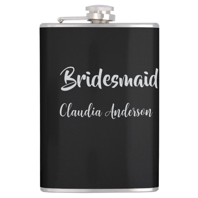 Bride squad bridesmaid name silver black wedding  flask (Front)