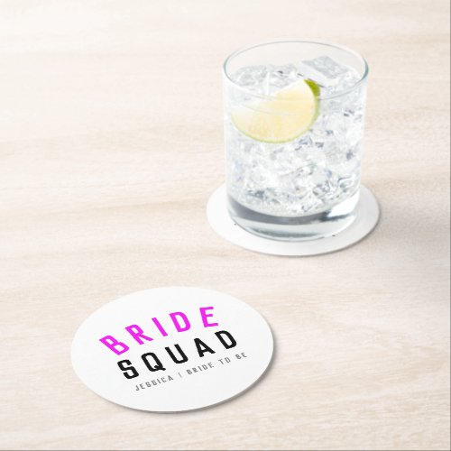 Bride Squad  Hot Pink Bachelorette Bridesmaid Round Paper Coaster