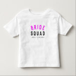 Bride Squad | Hot Pink Bachelorette Bridesmaid Toddler T-shirt<br><div class="desc">Cute, simple, stylish "Bride Squad" quote art toddler tshirt with modern, minimalist typography in black and hot neon pink in a cool trendy style. The slogan, name and role can easily be personalized with the names of your bridal party, for example, bride, bridesmaids, flower girls, Mother of the Bride, Glam...</div>
