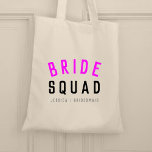 Bride Squad | Hot Pink Bachelorette Bridesmaid Tote Bag<br><div class="desc">Cute, simple, stylish "Bride Squad" quote art tote bag with modern, minimalist typography in black and hot neon pink in a cool trendy style. The slogan, name and role can easily be personalized with the names of your bridal party, for example, bride, bridesmaids, flower girls, Mother of the Bride, Glam...</div>