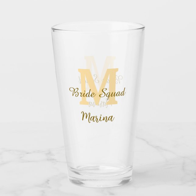 Bride squad monogram golden bridal shower simple  glass (Front)