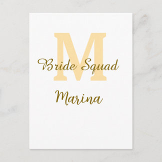 Bride squad monogram golden bridal shower simple postcard