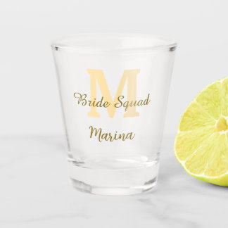 Bride squad monogram golden bridal shower simple shot glass