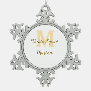 Bride squad monogram golden bridal shower simple snowflake pewter christmas ornament