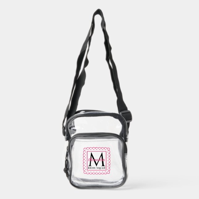 Bride Squad Name Monogram Pink Scalloped Frame Clear Crossbody Bag (Front)