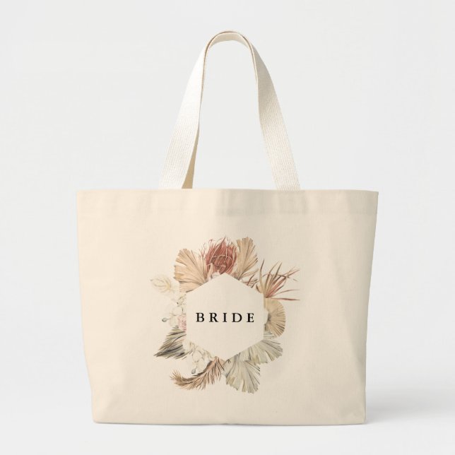Bride Squad Pampas Dried Grass Tropical Floral Large Tote Bag (Front)