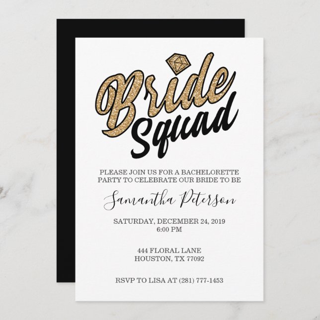 Bride Squad Party Invitation-Gold & Black Invitation (Front/Back)