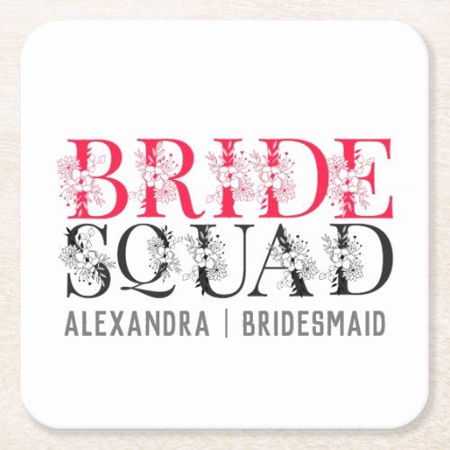 Bride Squad  Pink Bachelorette Party Bridesmaid Square Paper Coaster