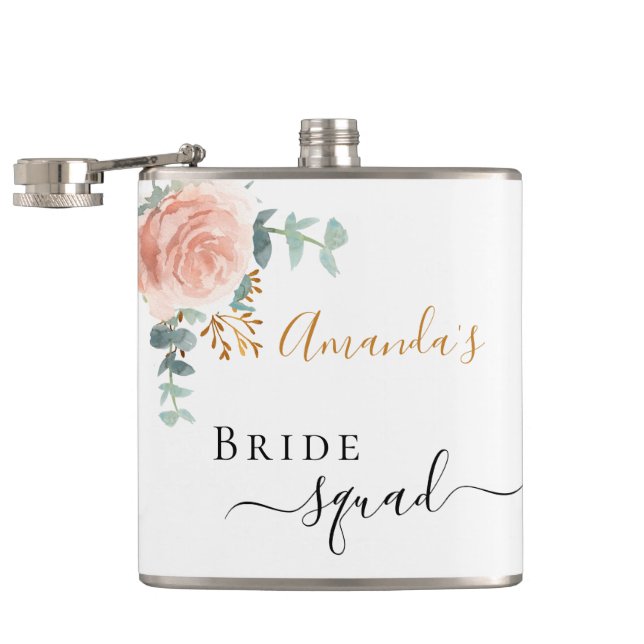 Bride squad pink floral eucalyptus bachelorette flask (Opened)