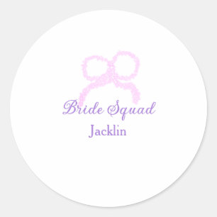 Bride squad pink glitter bow star bridesmaid name  classic round sticker
