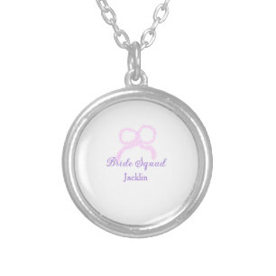 Bride squad pink glitter bow star bridesmaid name silver plated necklace