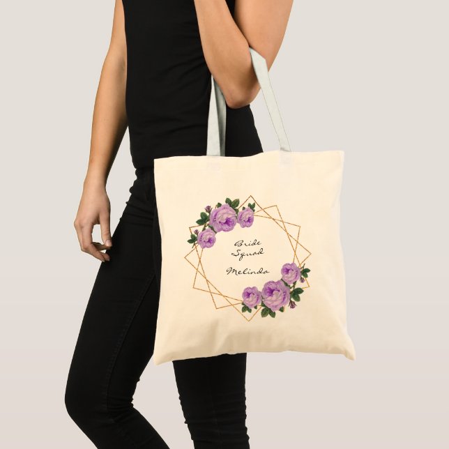 Bride Squad Purple Floral Elegant Gold Glitter Geo Tote Bag (Front (Product))