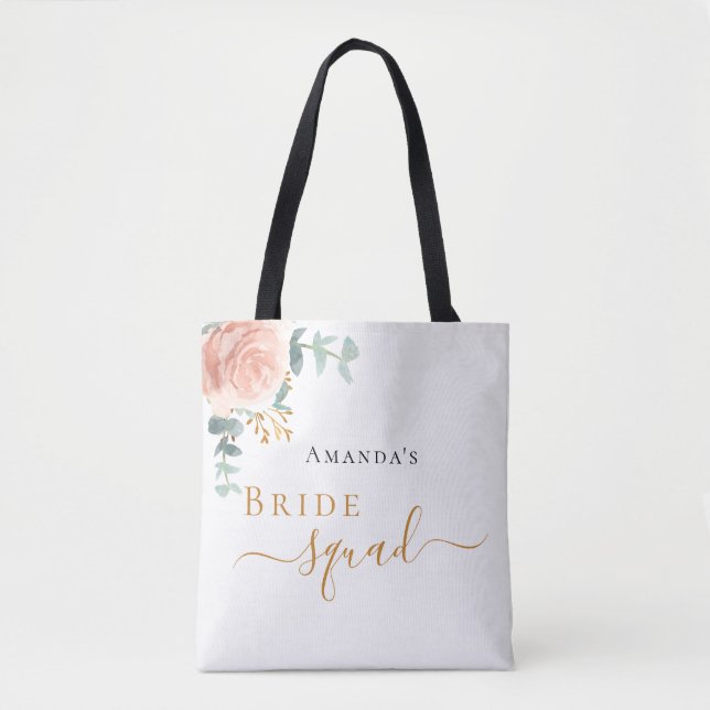 Bride squad rose gold floral eucalyptus greenery tote bag (Front)