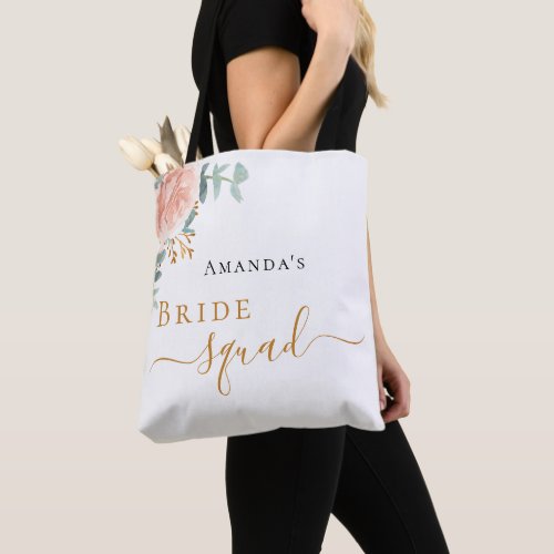 Bride squad rose gold floral eucalyptus greenery tote bag