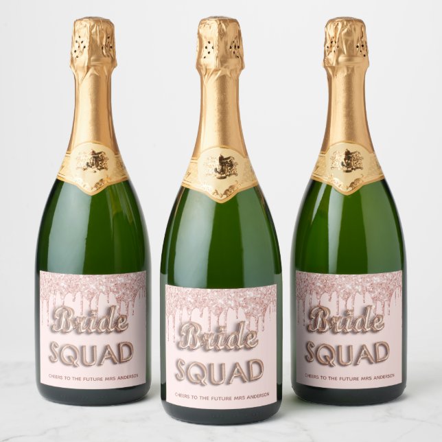Bride squad rose gold pink glitter bachelotette sparkling wine label (Bottles)