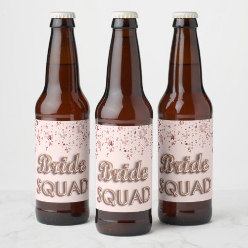 Bride squad rose gold pink stars bachelotette beer bottle label