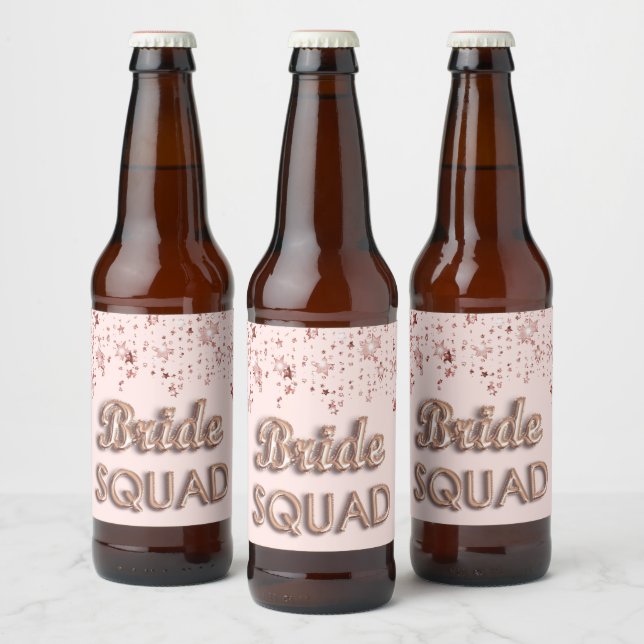Bride squad rose gold pink stars bachelotette beer bottle label (Bottles)