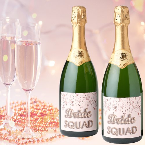 Bride squad rose gold pink stars bachelotette sparkling wine label