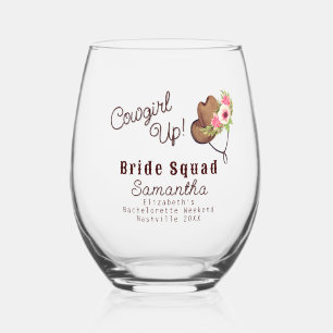 Bride Squad Rustic Pink Cowgirl Up Bachelorette Stemless Wine Glass